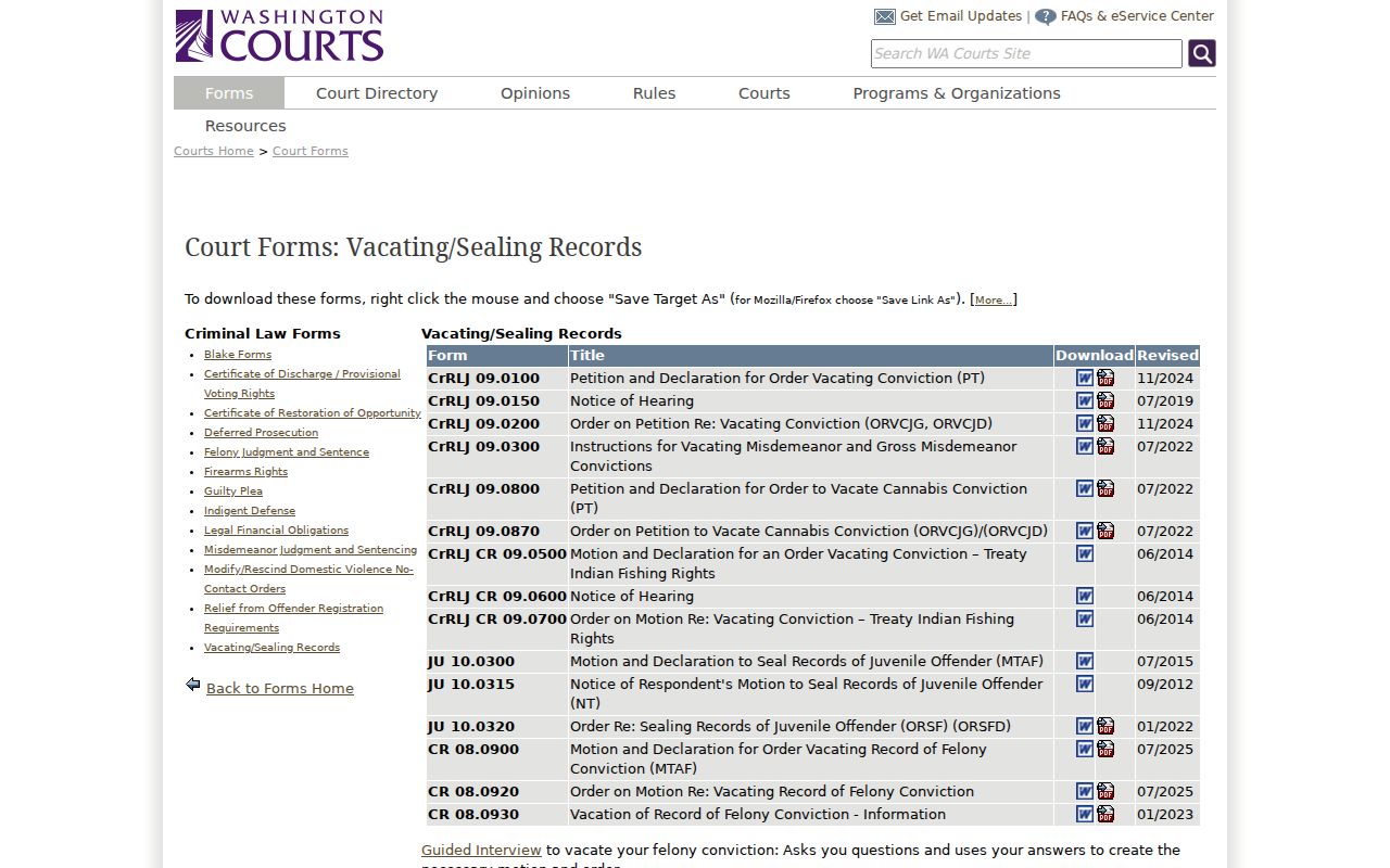 Ferry County criminal court conviction vacation forms
