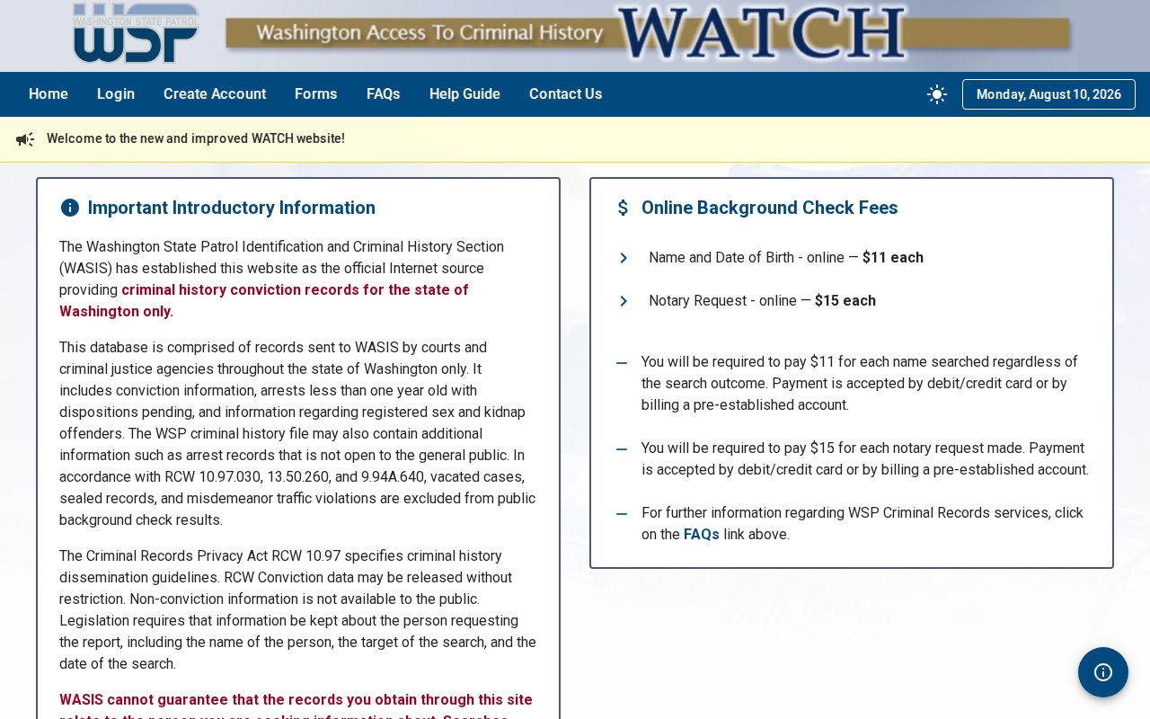 Ferry County criminal history check through the official WATCH portal