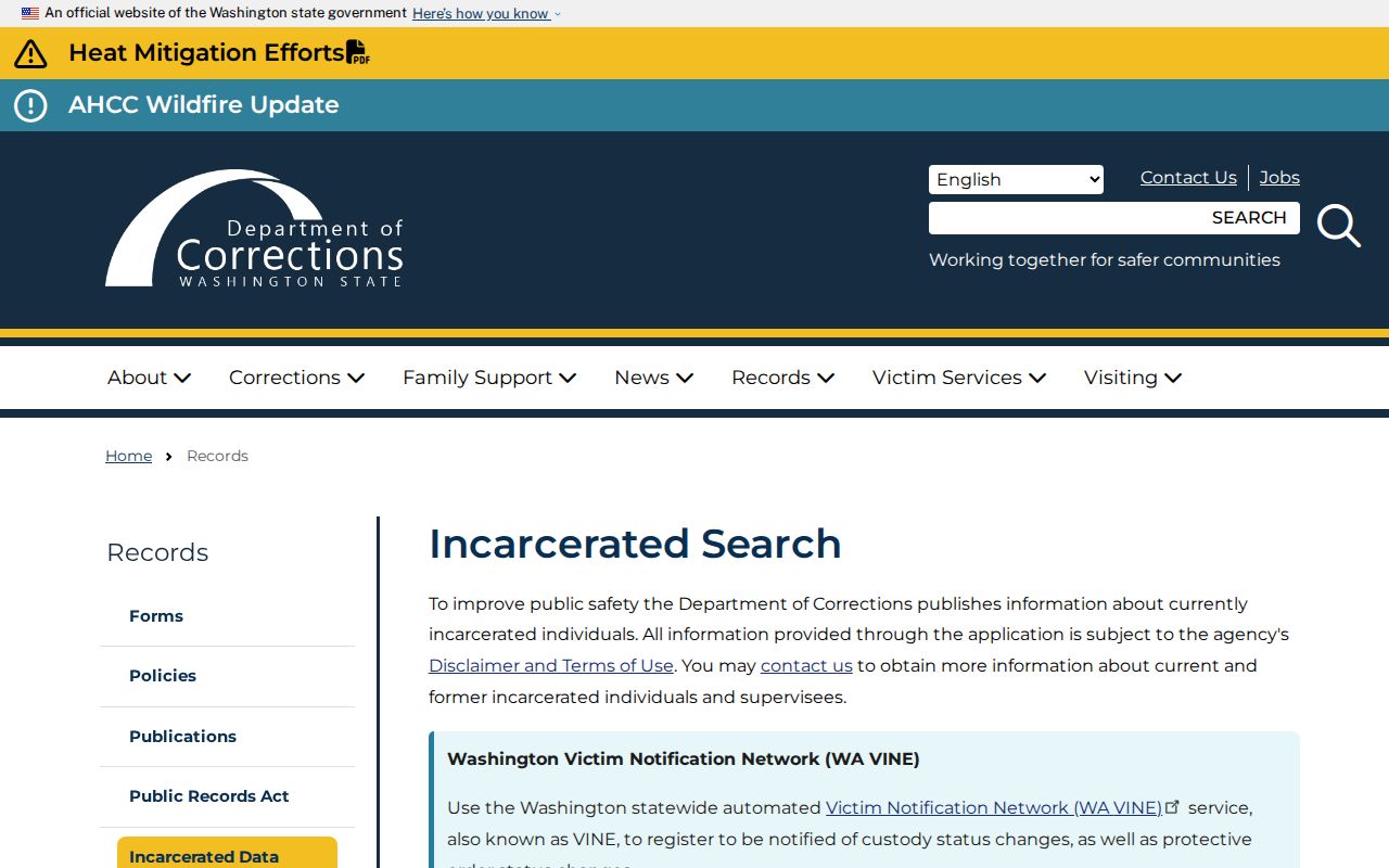 Washington DOC search for Ferry County criminal history custody records